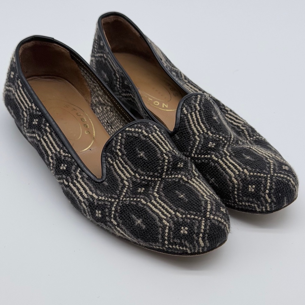 Stubbs & Wootton Black Cream Needlepoint Geometric Loafers Shoes Womens 7.5‎